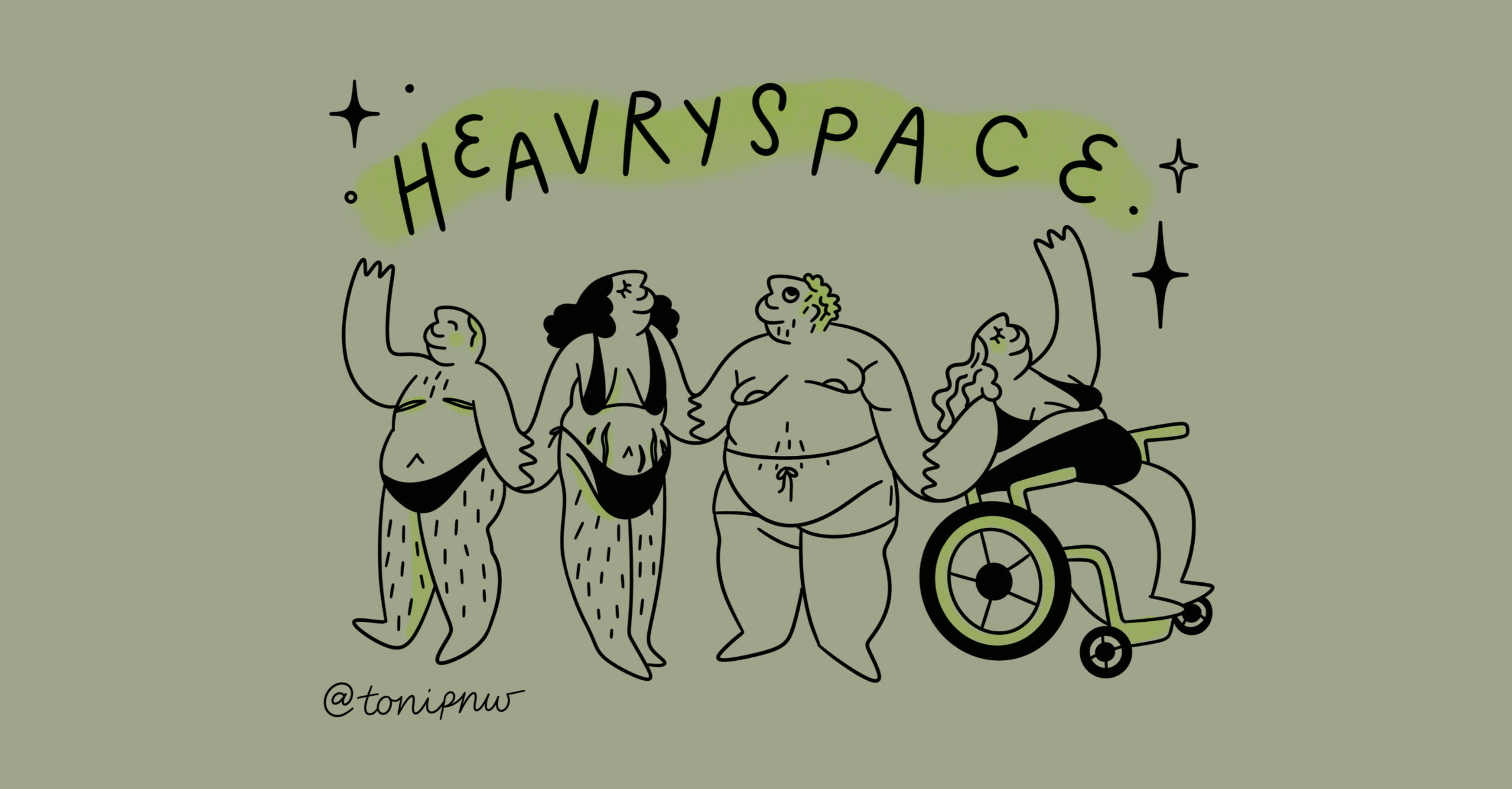 The header image is of a fat woman laying on top of a tattoo table. There is text on top of the image that says "Heavryspace Inclusion in Every Space" written in thick green bubble letters.